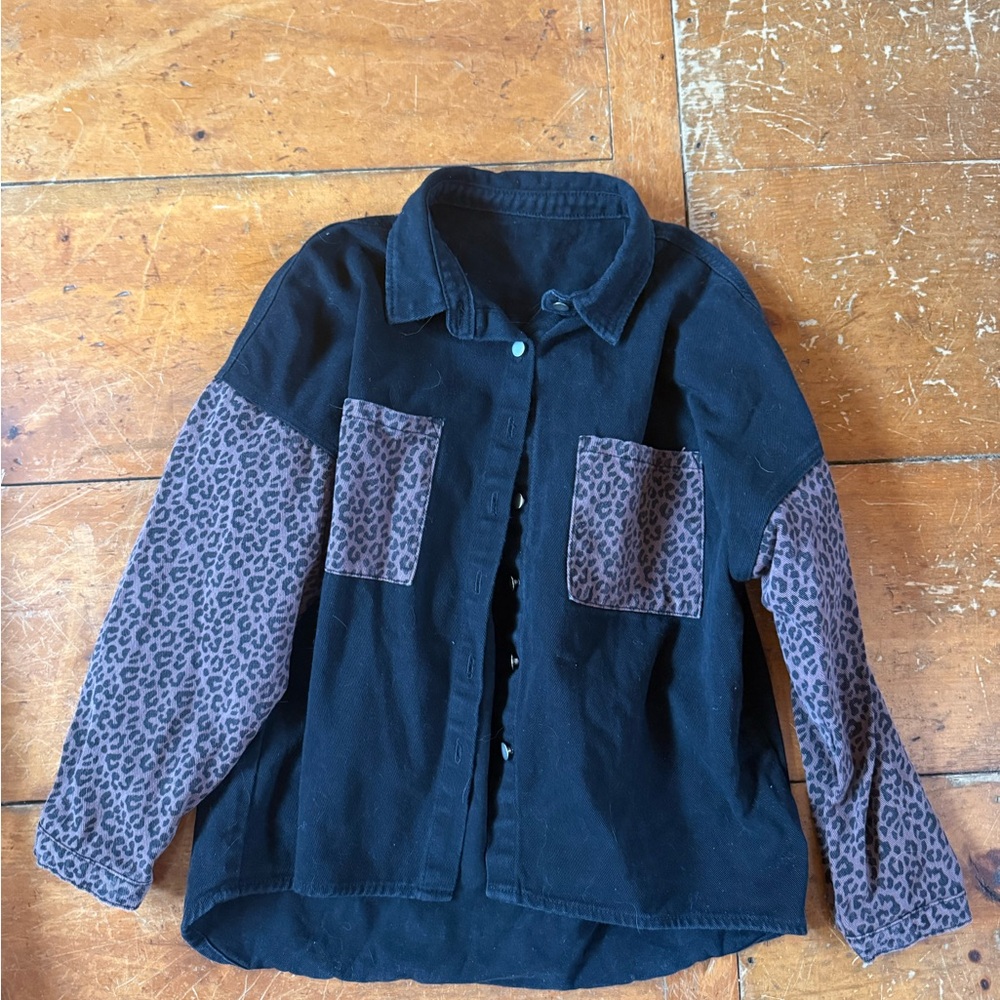 Black and Leopard Print Button-Up Shirt